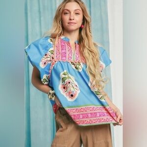 Umgee Floral Notched Puff Sleeve Blouse